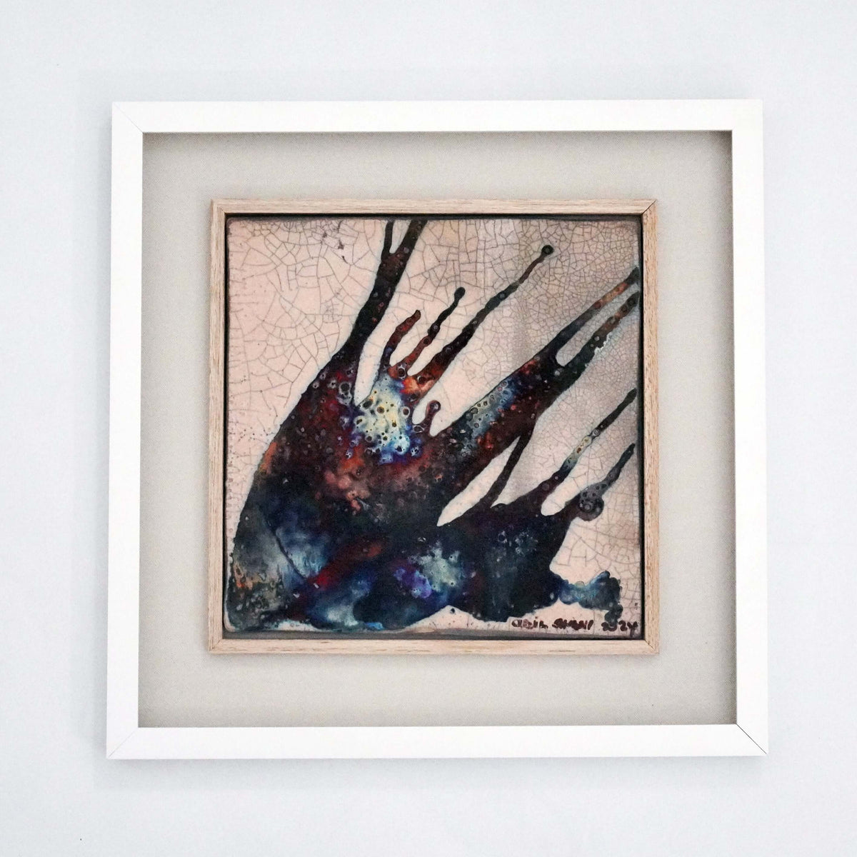 Kaiga 1 - 1' x 1' framed raku ceramic wall art - RAAQUU Serial No. 2400018