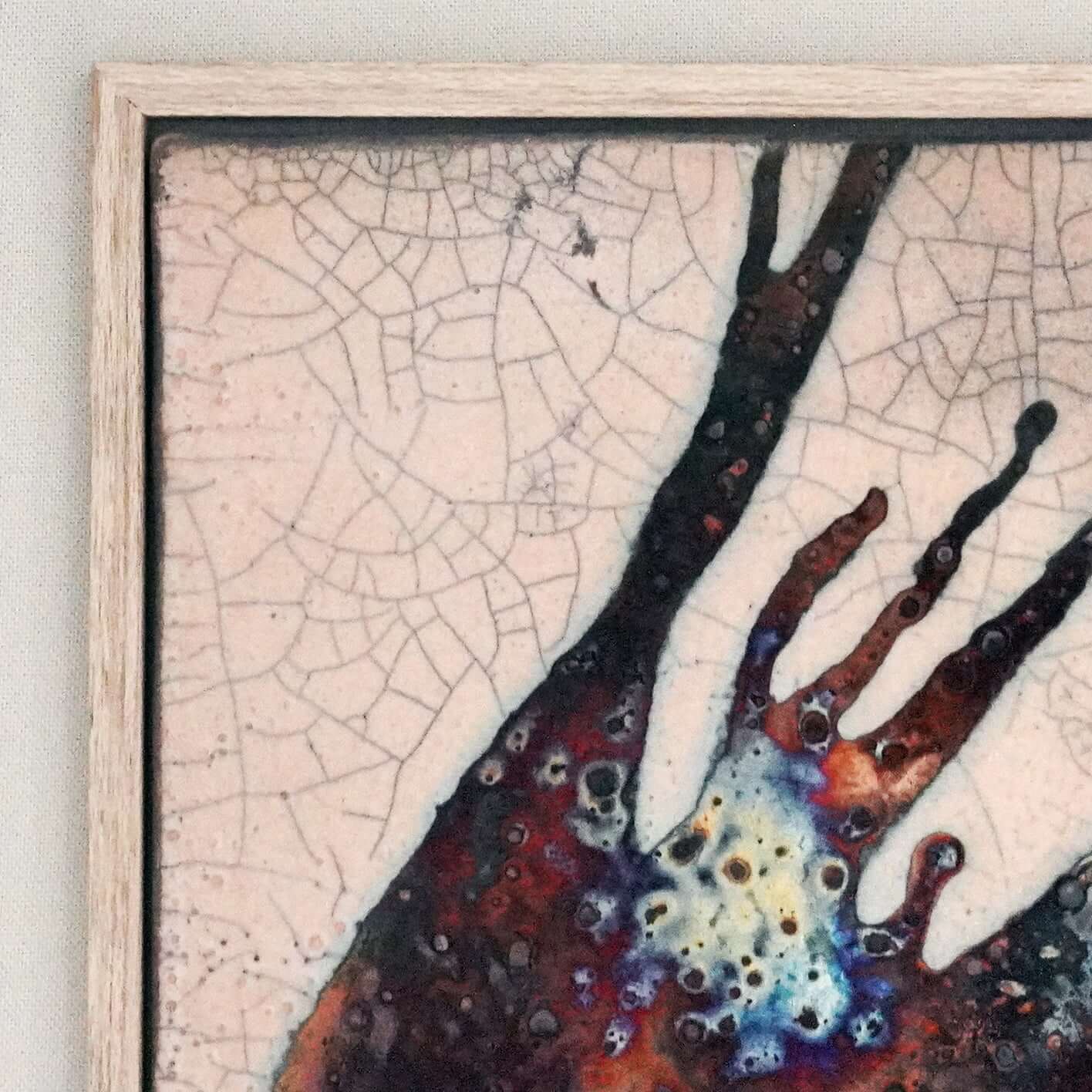 Kaiga 1 - 1' x 1' framed raku ceramic wall art - RAAQUU Serial No. 2400018