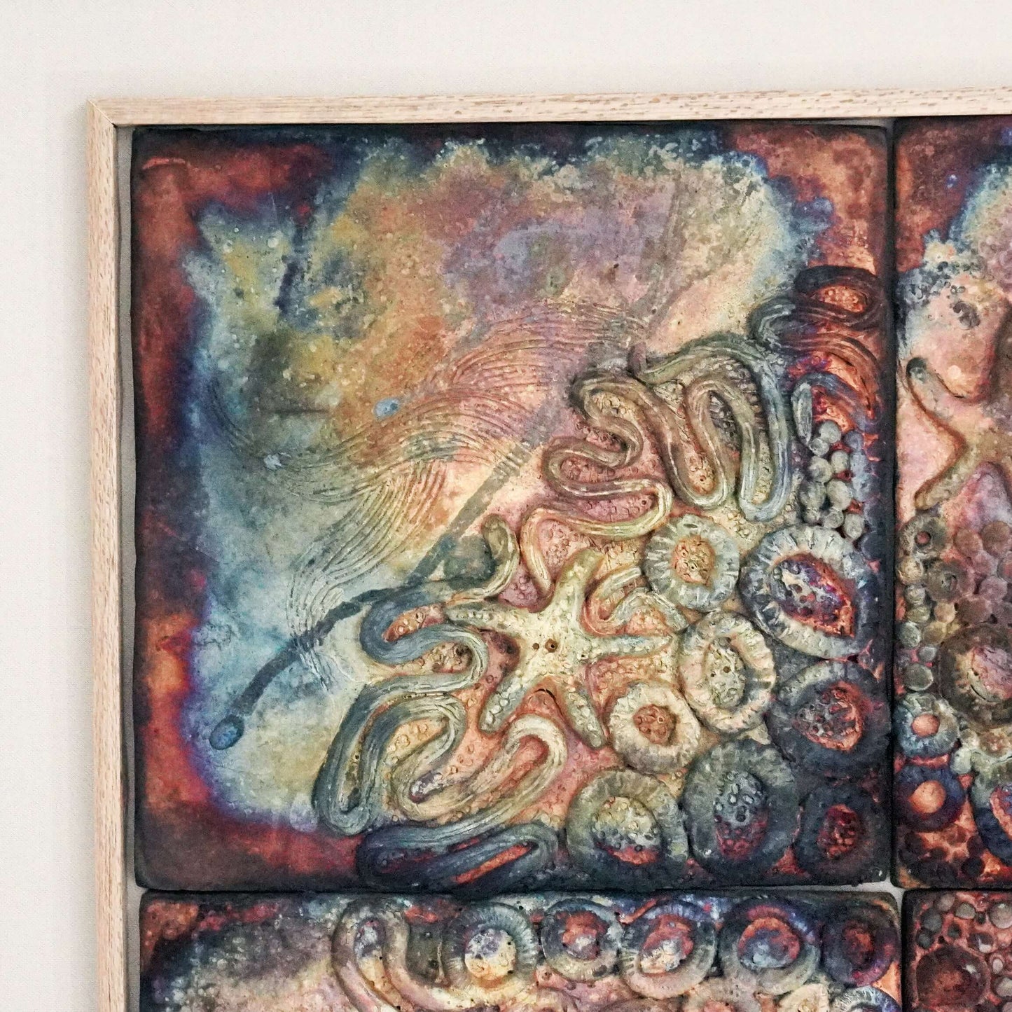 Kaiga 4 - 2' x 2' framed raku ceramic wall sculpture - RAAQUU Serial No. 2400014