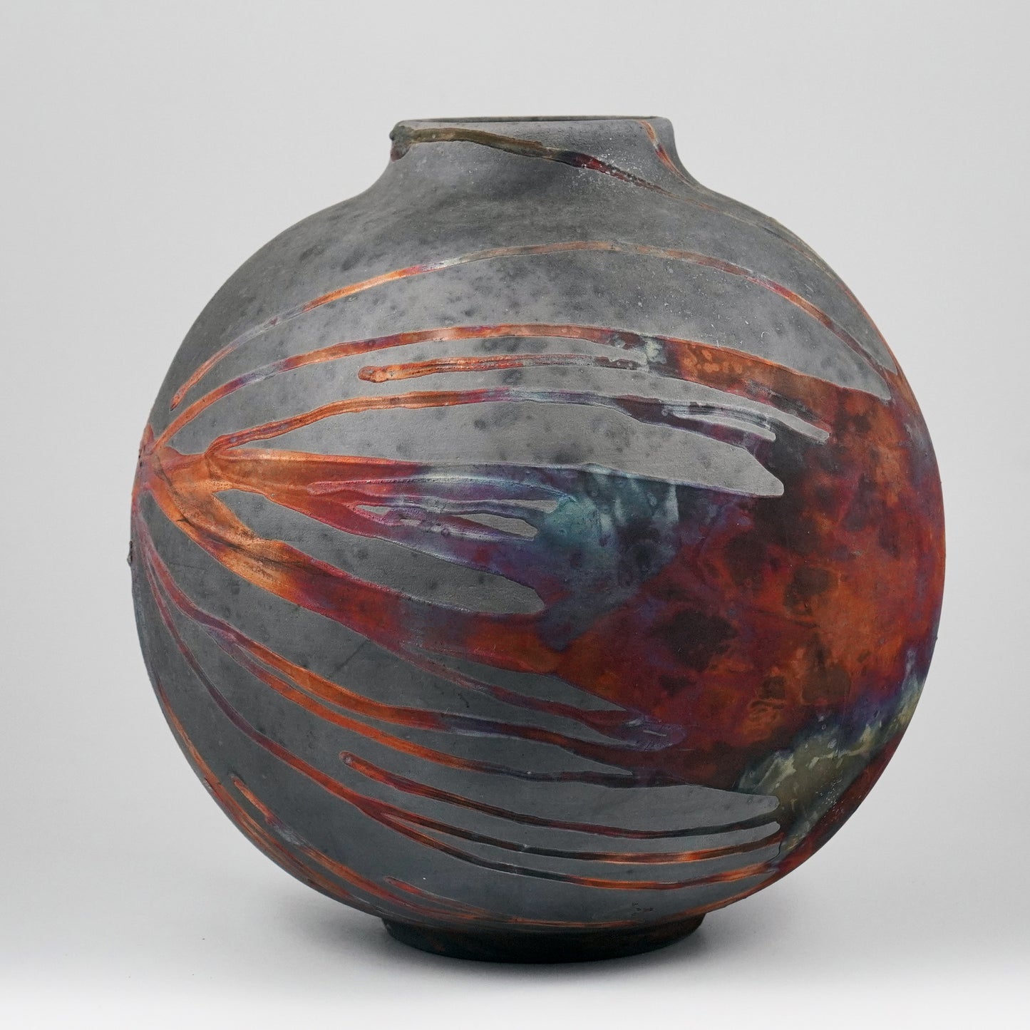 RAAQUU Large Globe Ceramic Vase Carbon Copper S/N0000782 11" Raku Pottery