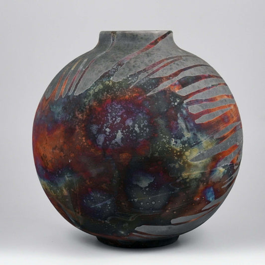 RAAQUU Large Globe Ceramic Vase Carbon Copper S/N0000782 11" Raku Pottery
