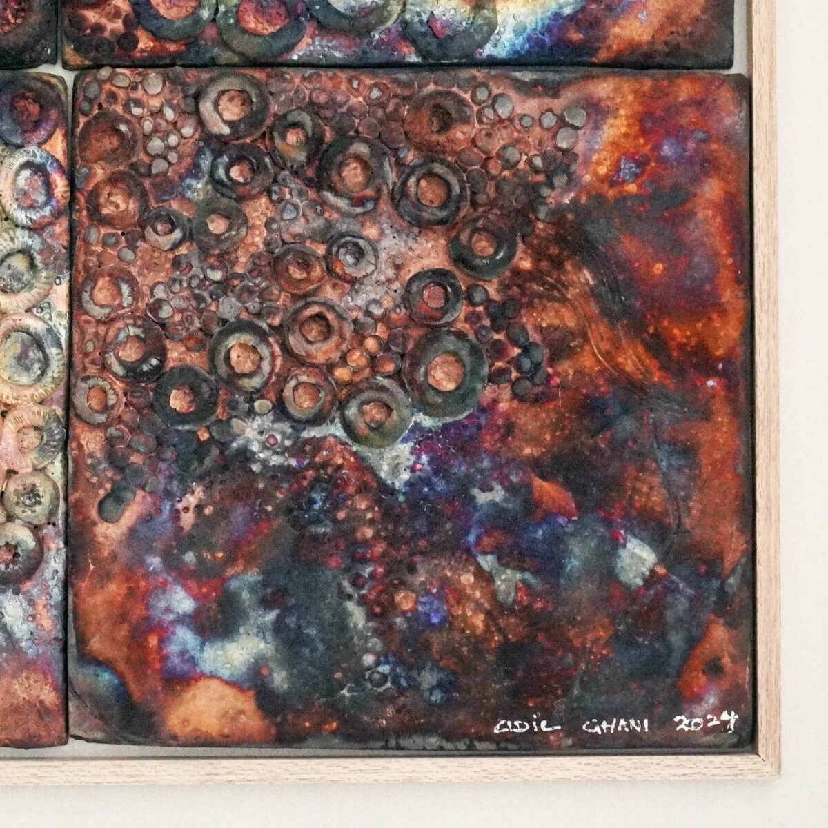 Kaiga 4 - 2' x 2' framed raku ceramic wall sculpture - RAAQUU Serial No. 2400014 - RAAQUU