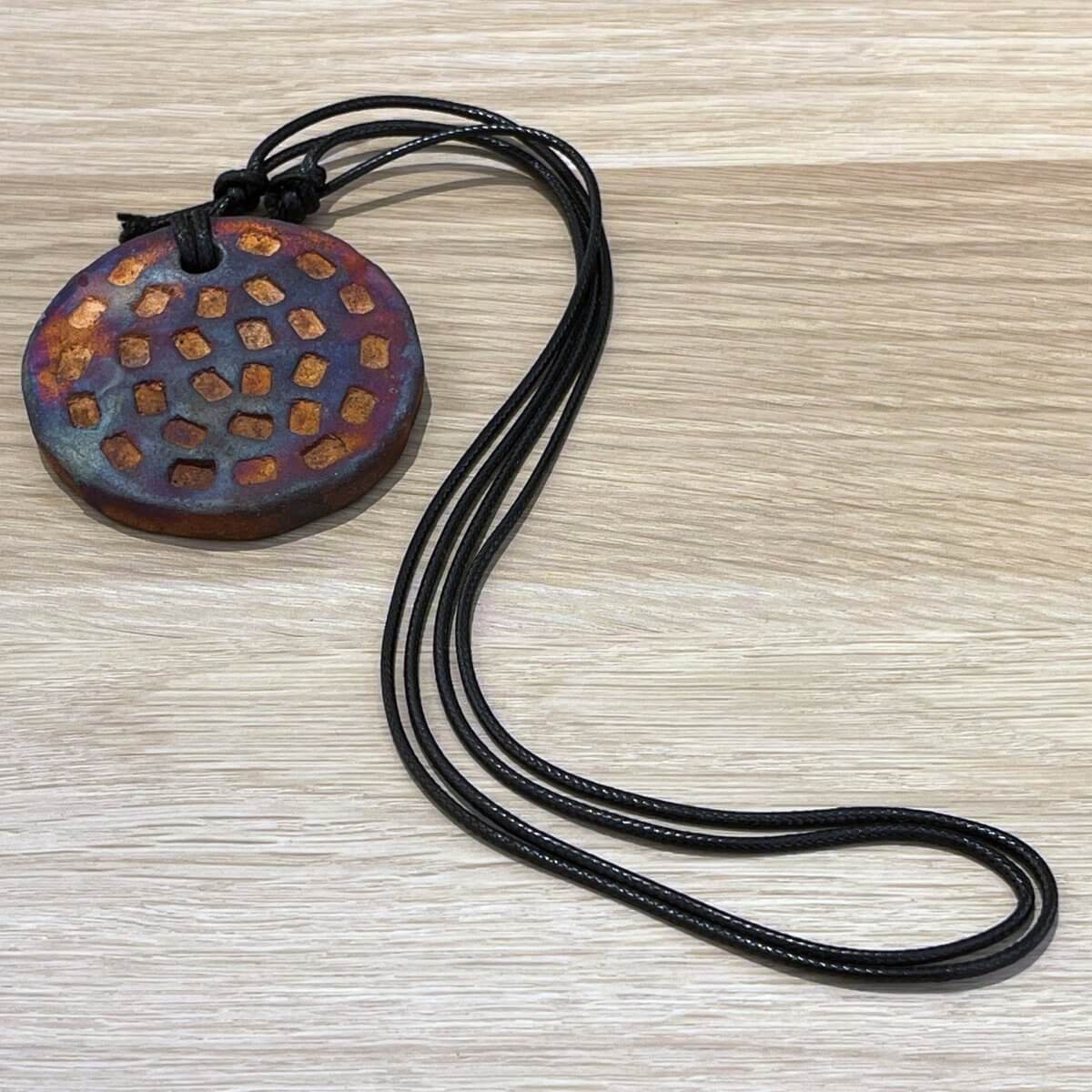 Kubi L007 Indent Circle Raku Pendant Necklace - Handmade gift for her - RAAQUU