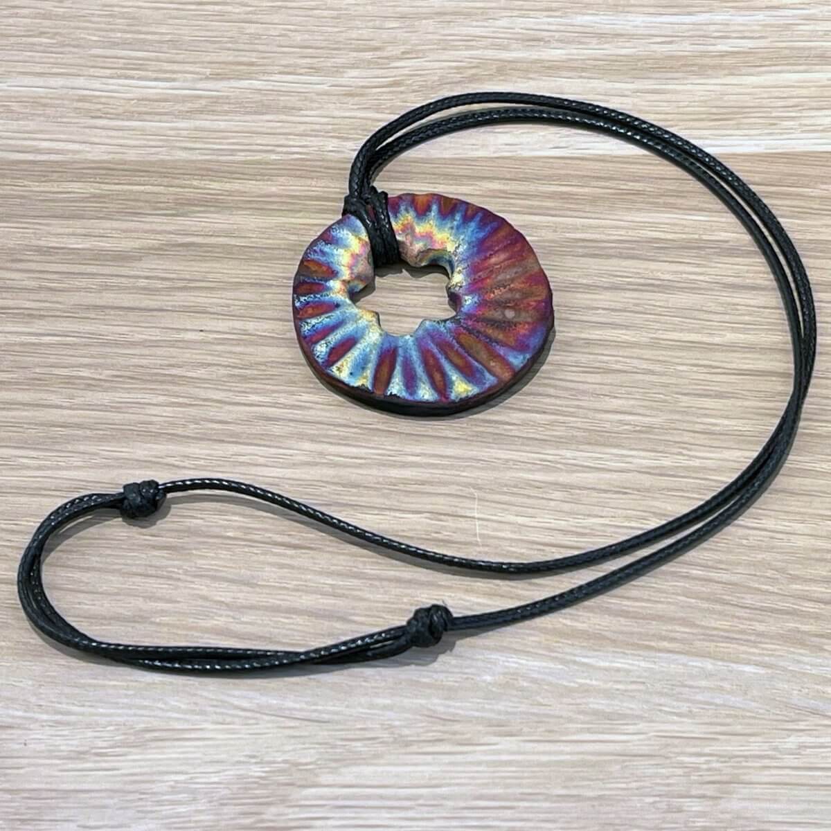 Kubi M014 Scalloped Circle Raku Pendant Necklace - Handmade gift for her - RAAQUU