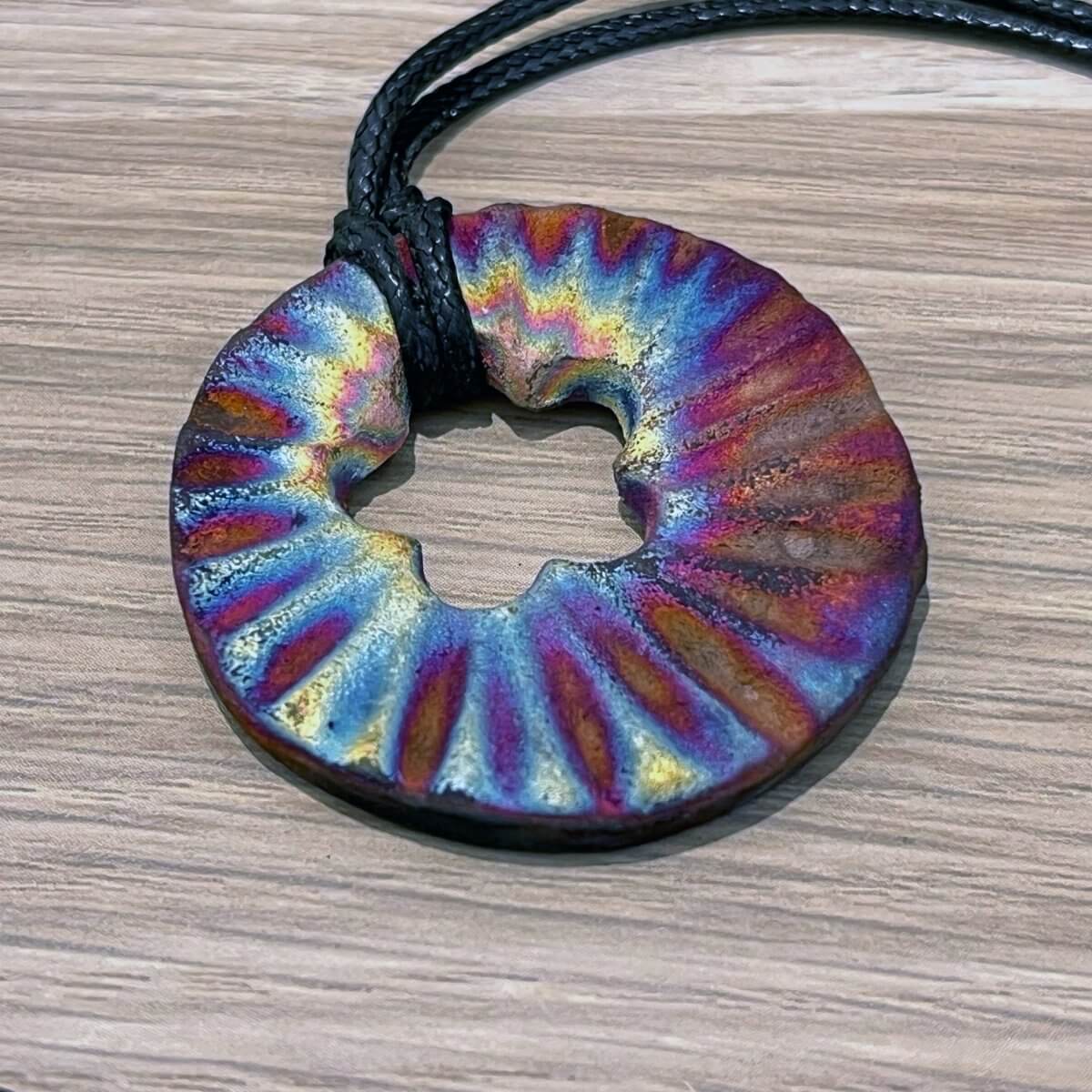 Kubi M014 Scalloped Circle Raku Pendant Necklace - Handmade gift for her - RAAQUU