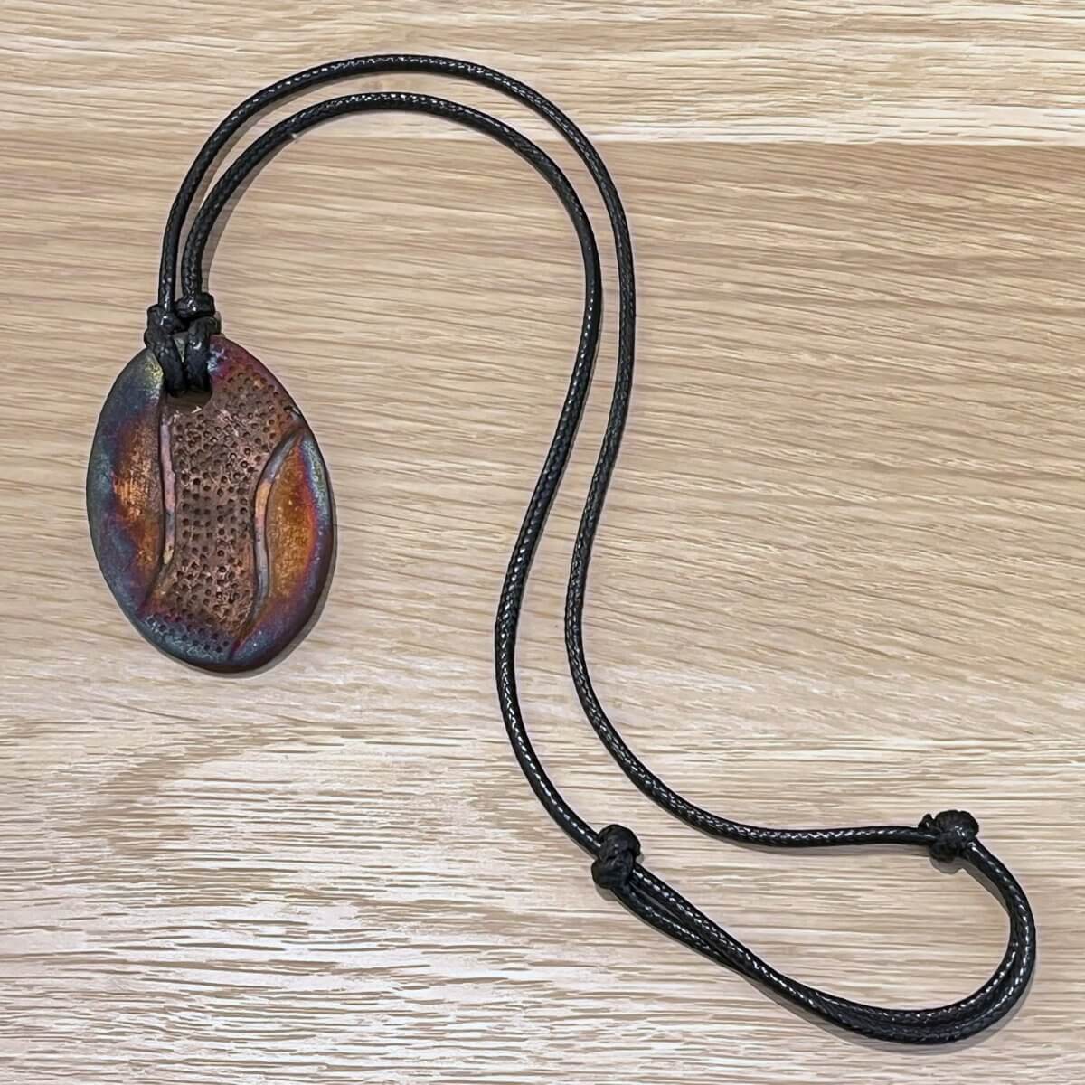Kubi M015 Dimpled Oval Raku Pendant Necklace - Handmade gift for her - RAAQUU