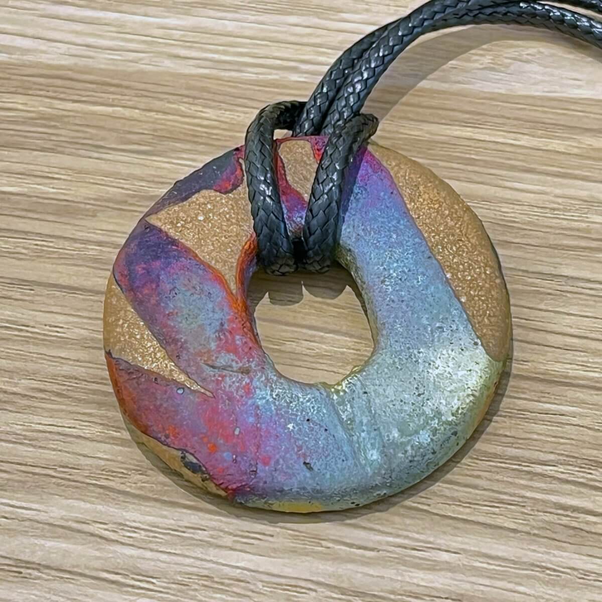 Kubi M019 Ring Circle Raku Pendant Necklace - Handmade gift for her - RAAQUU