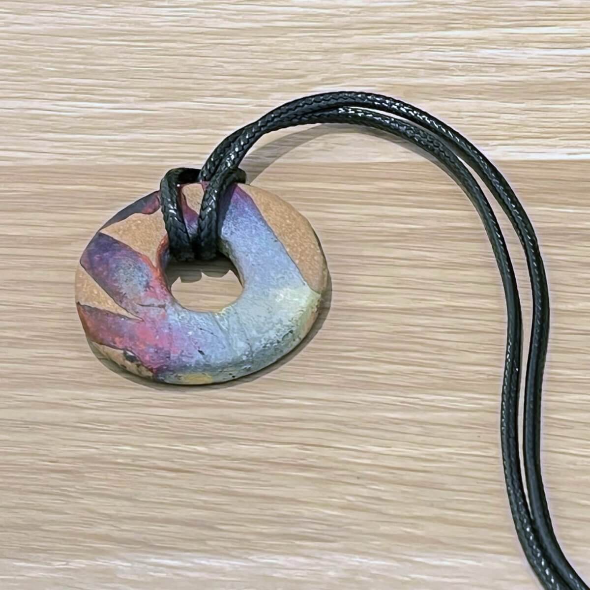 Kubi M019 Ring Circle Raku Pendant Necklace - Handmade gift for her - RAAQUU