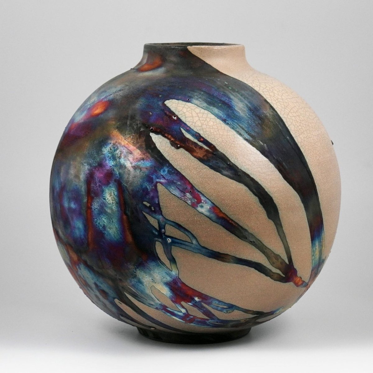 RAAQUU Large Globe Ceramic Vase Half Copper Matte S/N0000770 11" Raku Pottery - RAAQUU