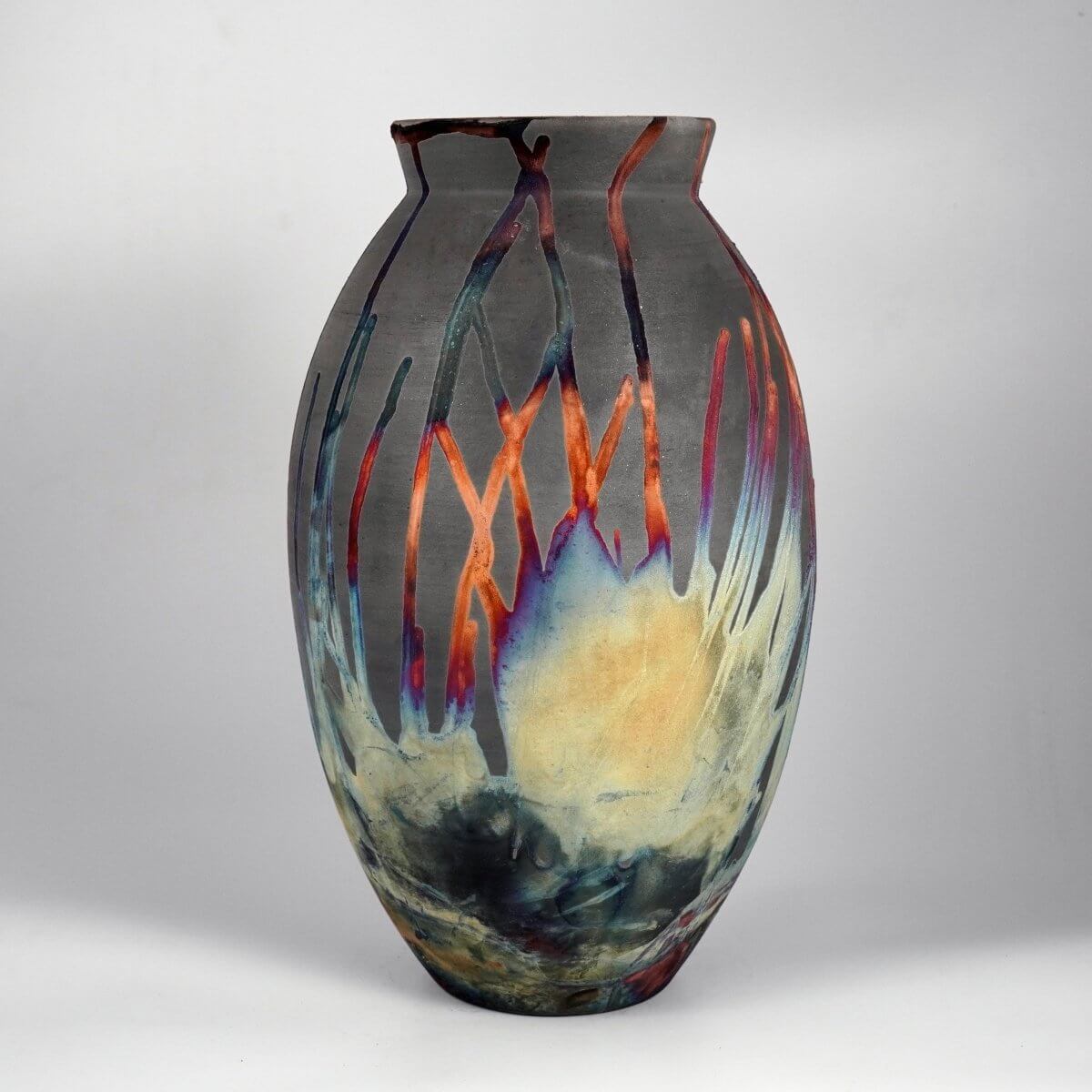 RAAQUU Large Oval Ceramic Vase Carbon Copper S/N0000197 13.5" Raku Pottery Unique Handmade ceramic pottery raku vases, urns, and home decor, sculptures, wall decor, gifts by Adil Ghani