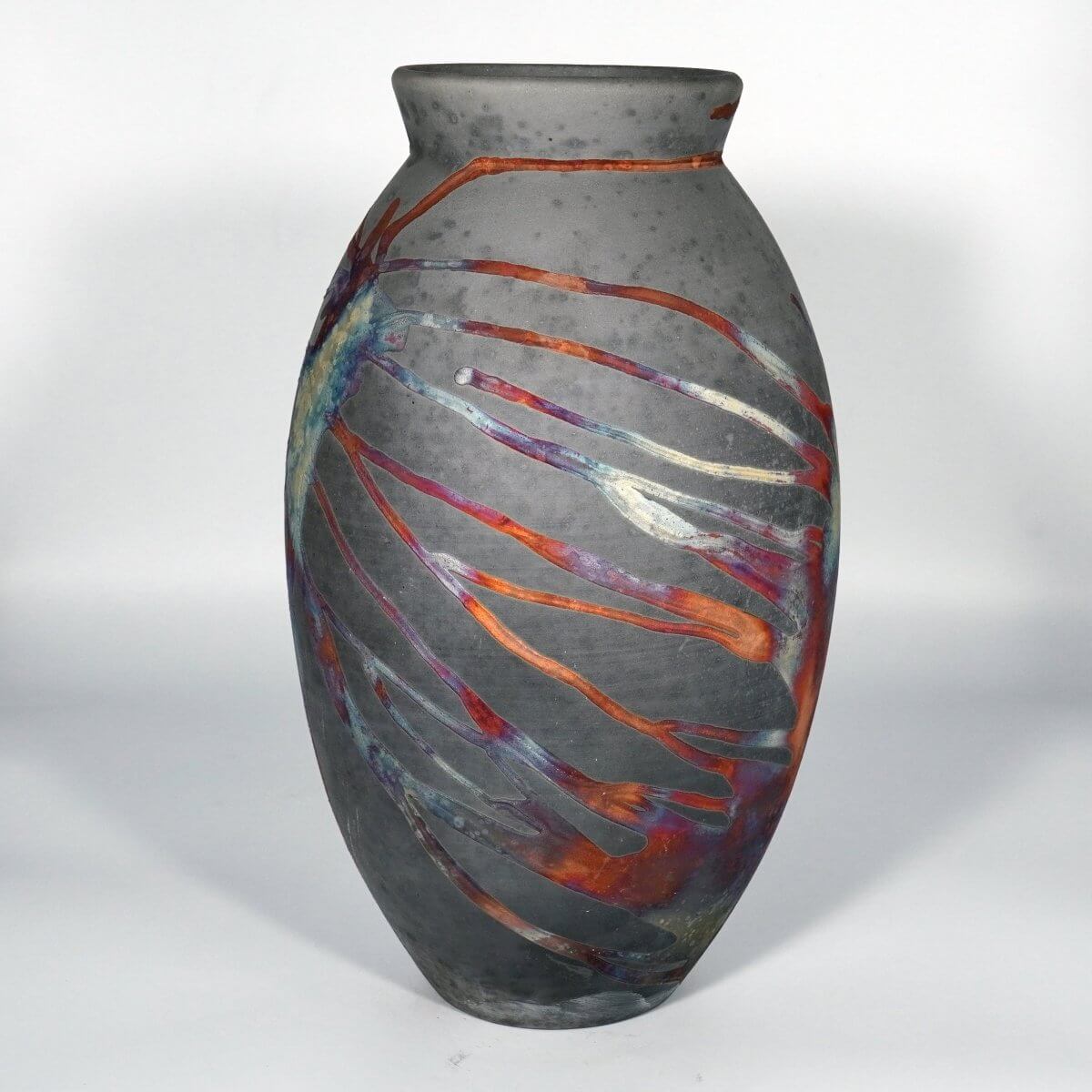 RAAQUU Large Oval Ceramic Vase Carbon Copper S/N0000826 13.5" Raku Pottery Unique Handmade ceramic pottery raku vases, urns, and home decor, sculptures, wall decor, gifts by Adil Ghani