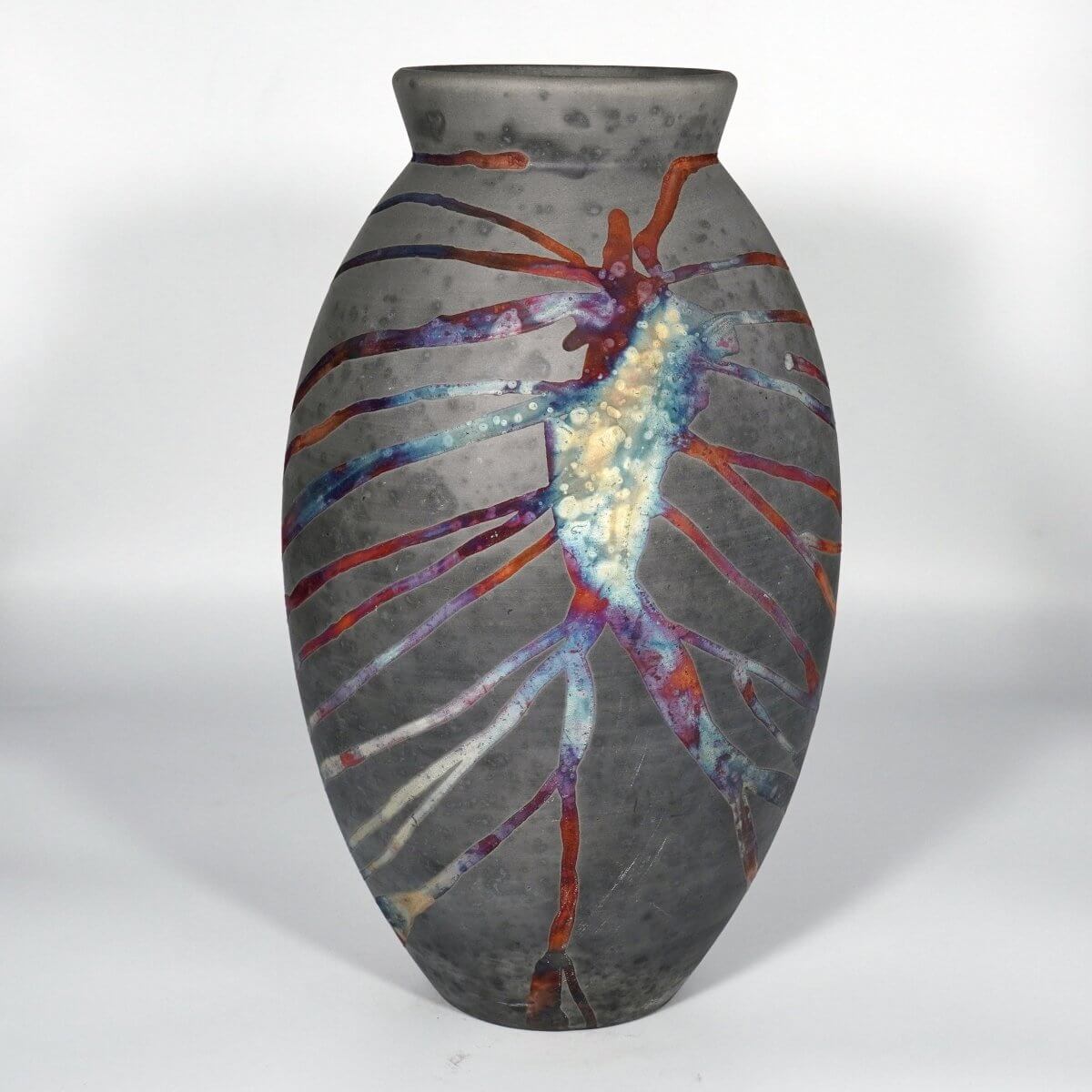 RAAQUU Large Oval Ceramic Vase Carbon Copper S/N0000826 13.5" Raku Pottery Unique Handmade ceramic pottery raku vases, urns, and home decor, sculptures, wall decor, gifts by Adil Ghani