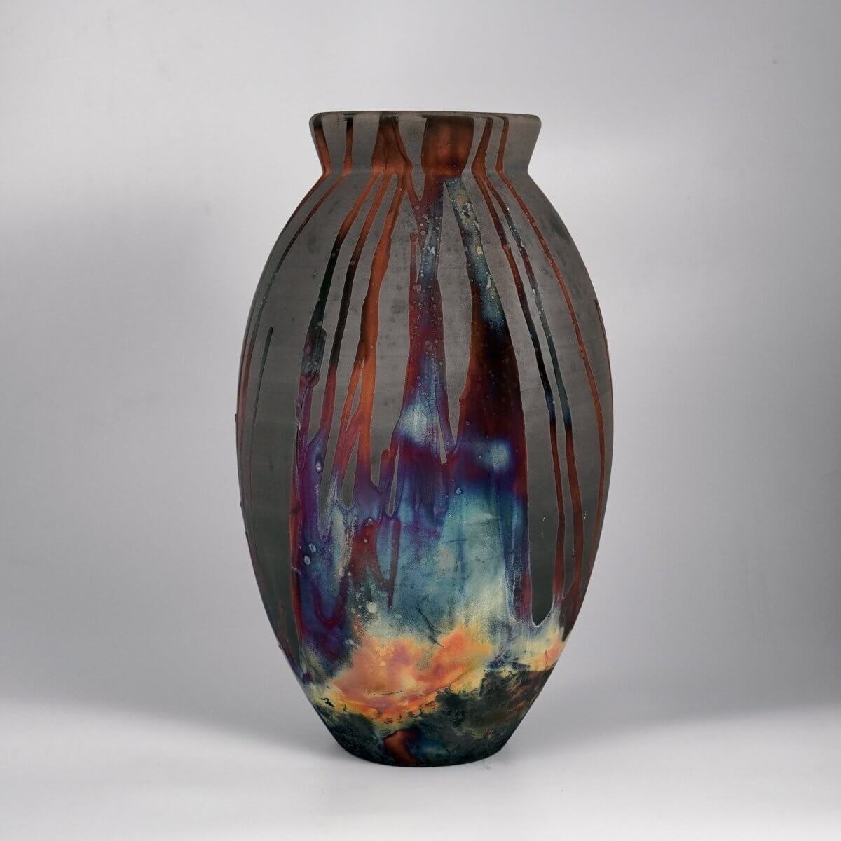RAAQUU Large Oval Ceramic Vase Carbon Copper S/N0000864 13.5" Raku Pottery Unique Handmade ceramic pottery raku vases, urns, and home decor, sculptures, wall decor, gifts by Adil Ghani
