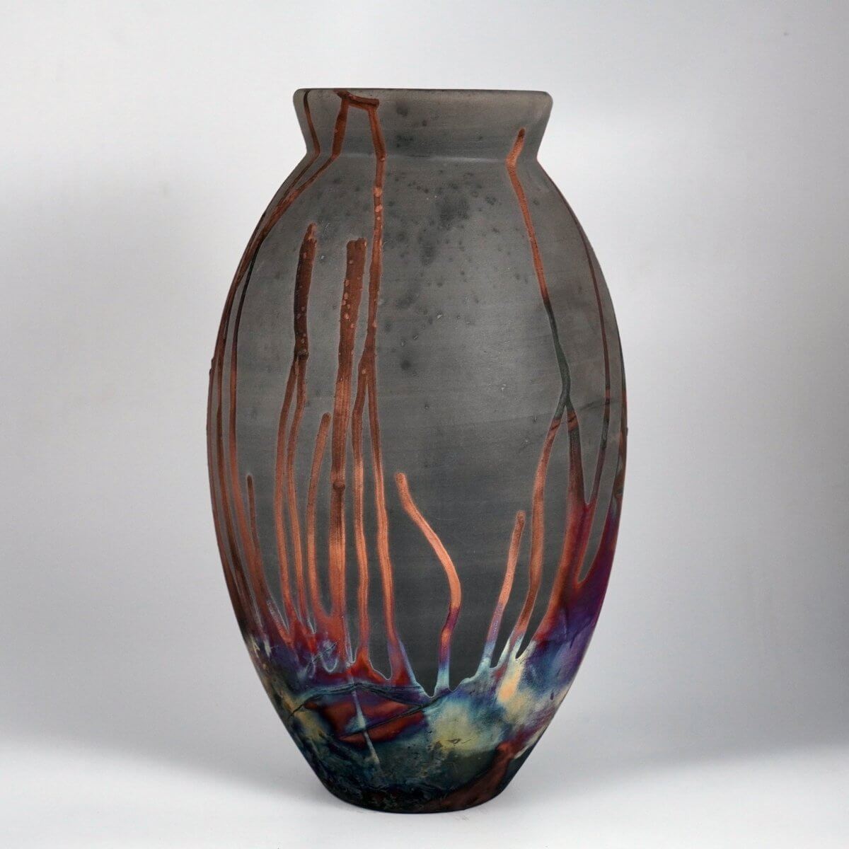 RAAQUU Large Oval Ceramic Vase Carbon Copper S/N0000864 13.5" Raku Pottery Unique Handmade ceramic pottery raku vases, urns, and home decor, sculptures, wall decor, gifts by Adil Ghani