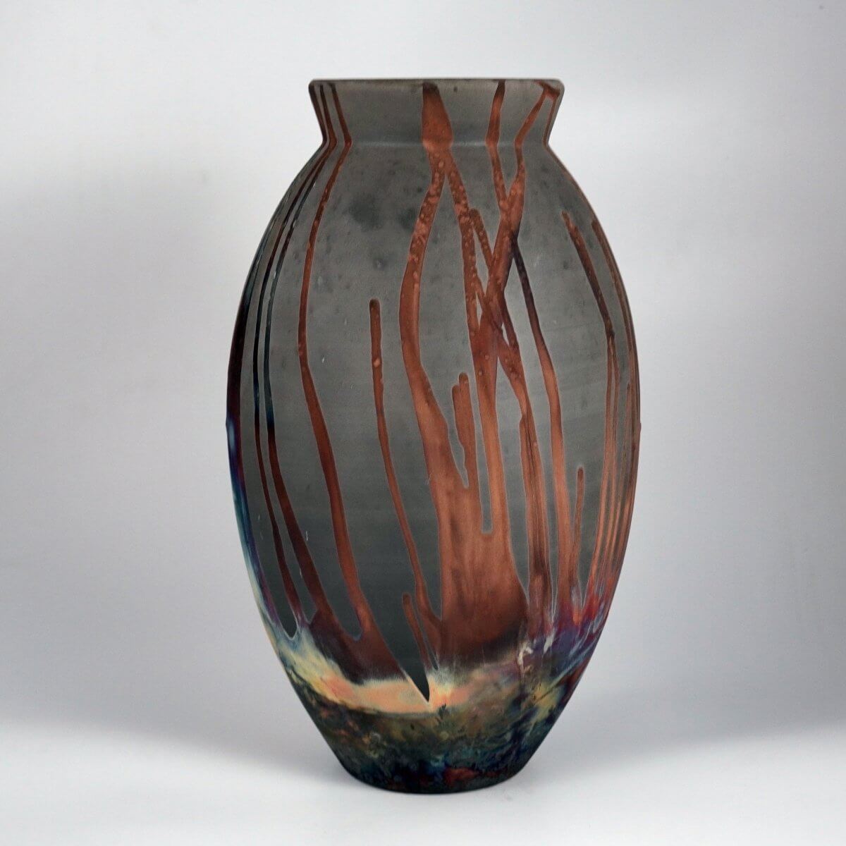 RAAQUU Large Oval Ceramic Vase Carbon Copper S/N0000864 13.5" Raku Pottery Unique Handmade ceramic pottery raku vases, urns, and home decor, sculptures, wall decor, gifts by Adil Ghani