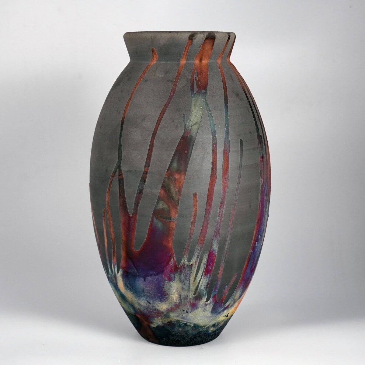RAAQUU Large Oval Ceramic Vase Carbon Copper S/N0000864 13.5" Raku Pottery Unique Handmade ceramic pottery raku vases, urns, and home decor, sculptures, wall decor, gifts by Adil Ghani