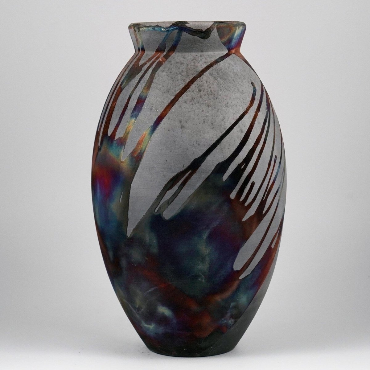 RAAQUU Large Oval Ceramic Vase Carbon Copper S/N0000894 13.5" Raku Pottery - RAAQUU