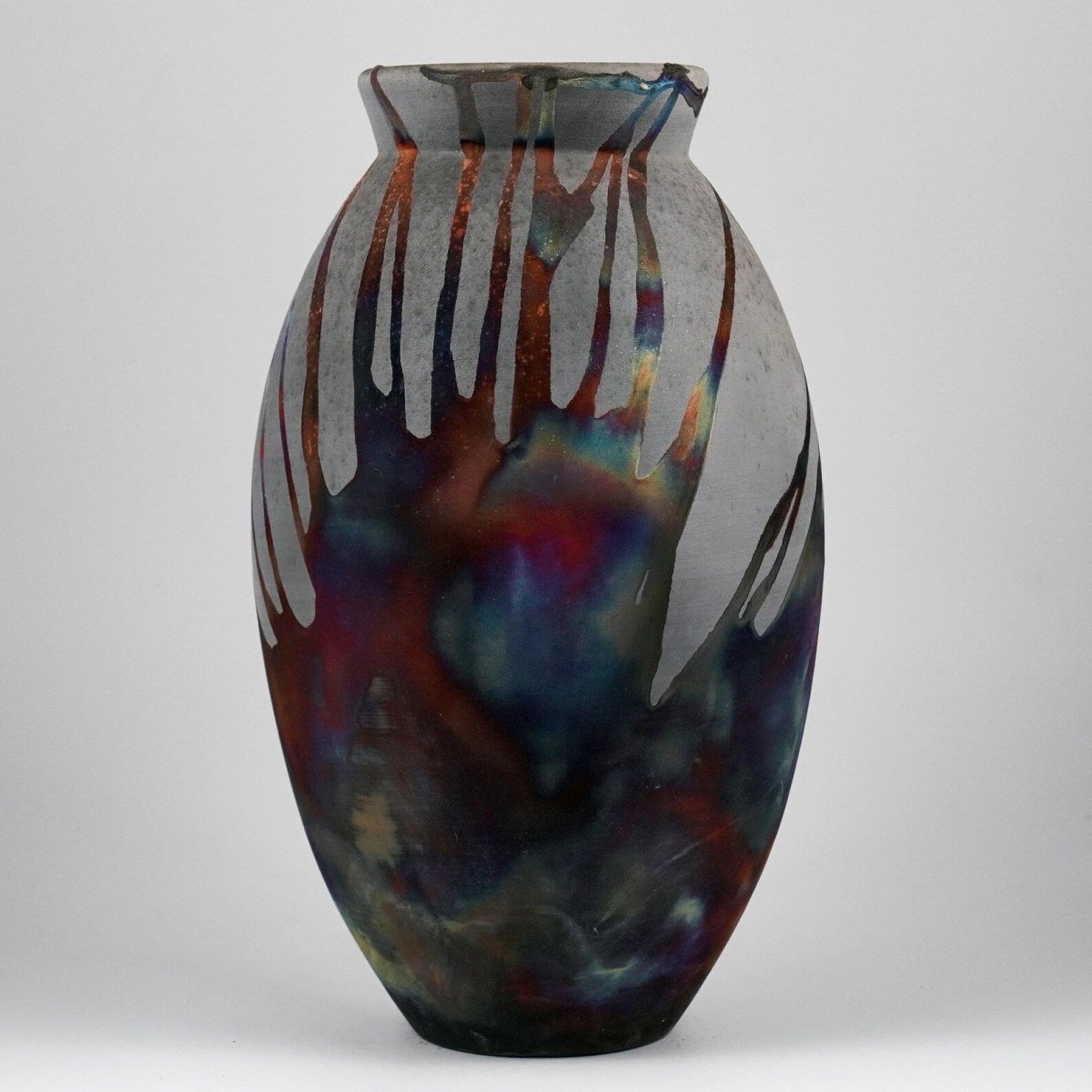 RAAQUU Large Oval Ceramic Vase Carbon Copper S/N0000894 13.5" Raku Pottery - RAAQUU
