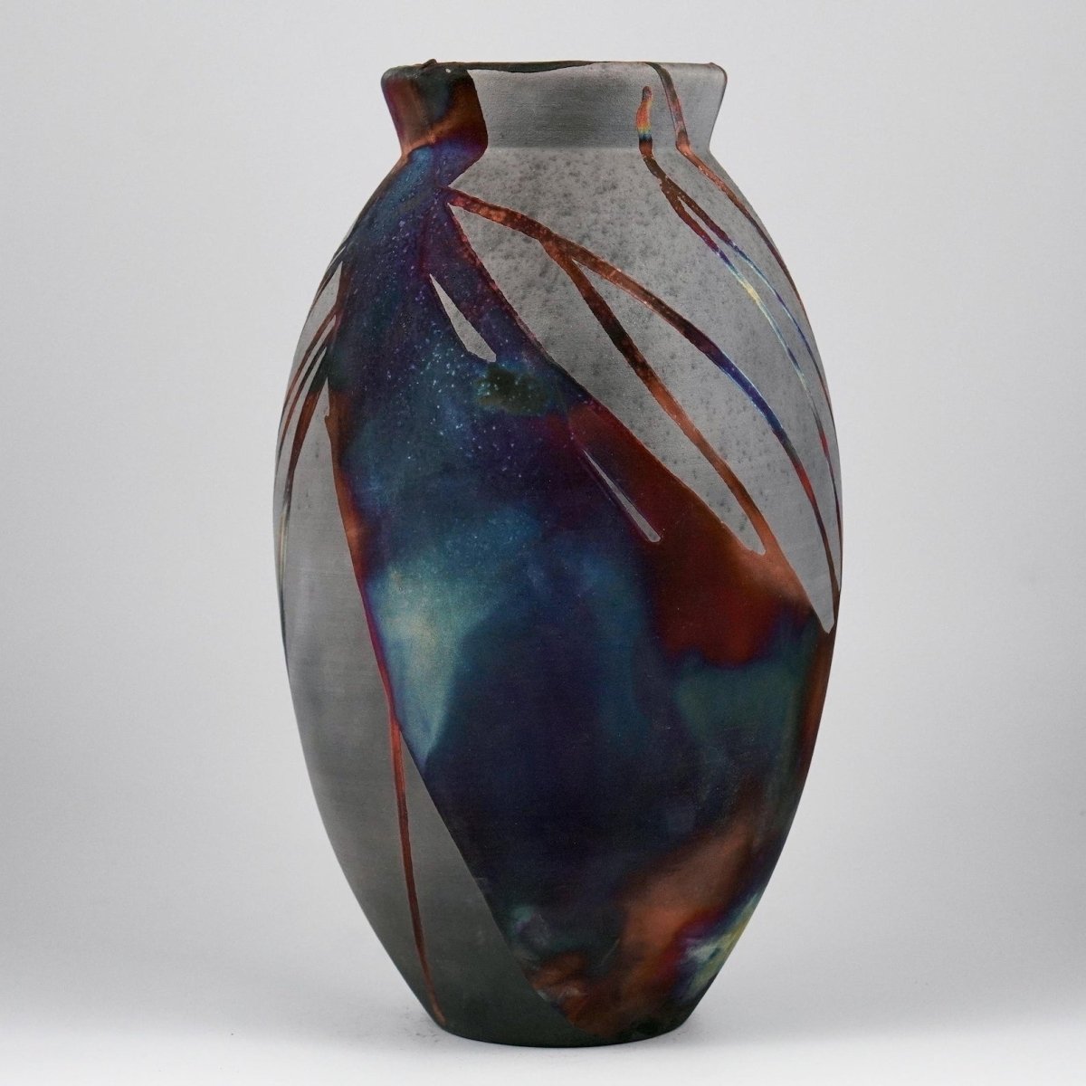 RAAQUU Large Oval Ceramic Vase Carbon Copper S/N0000894 13.5" Raku Pottery - RAAQUU