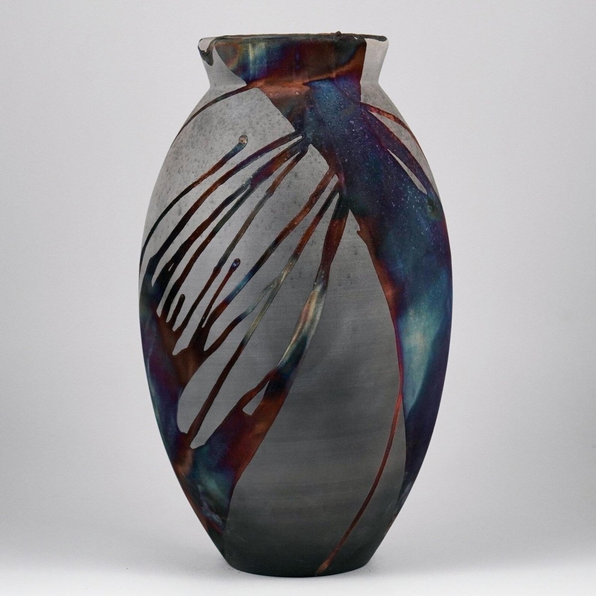 RAAQUU Large Oval Ceramic Vase Carbon Copper S/N0000894 13.5" Raku Pottery - RAAQUU