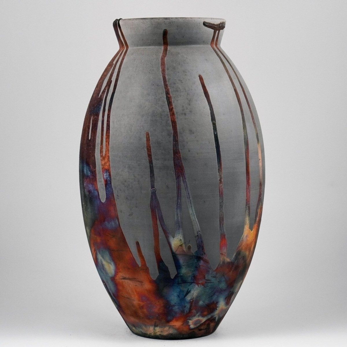 RAAQUU Large Oval Ceramic Vase Carbon Copper S/N0000904 13.5" Raku Pottery - RAAQUU