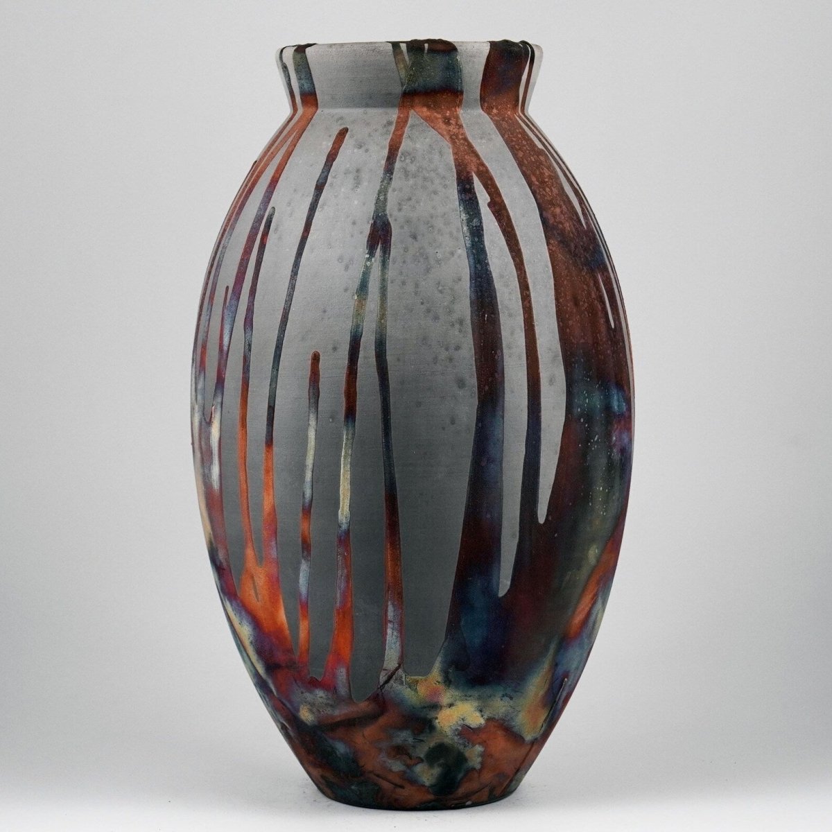 RAAQUU Large Oval Ceramic Vase Carbon Copper S/N0000904 13.5" Raku Pottery - RAAQUU