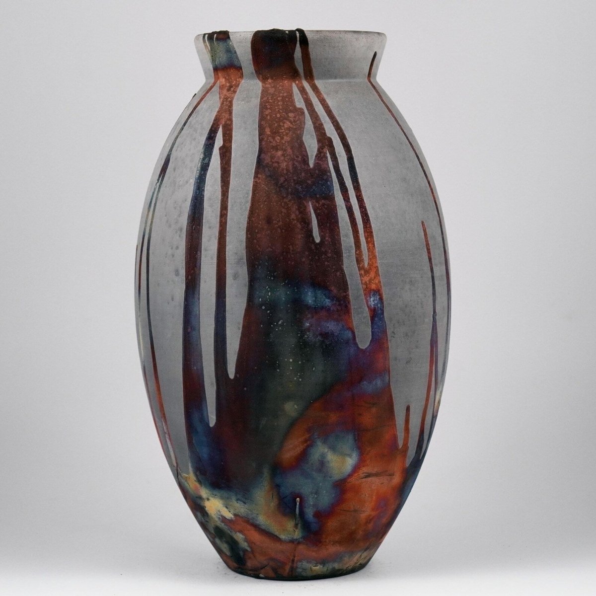 RAAQUU Large Oval Ceramic Vase Carbon Copper S/N0000904 13.5" Raku Pottery - RAAQUU