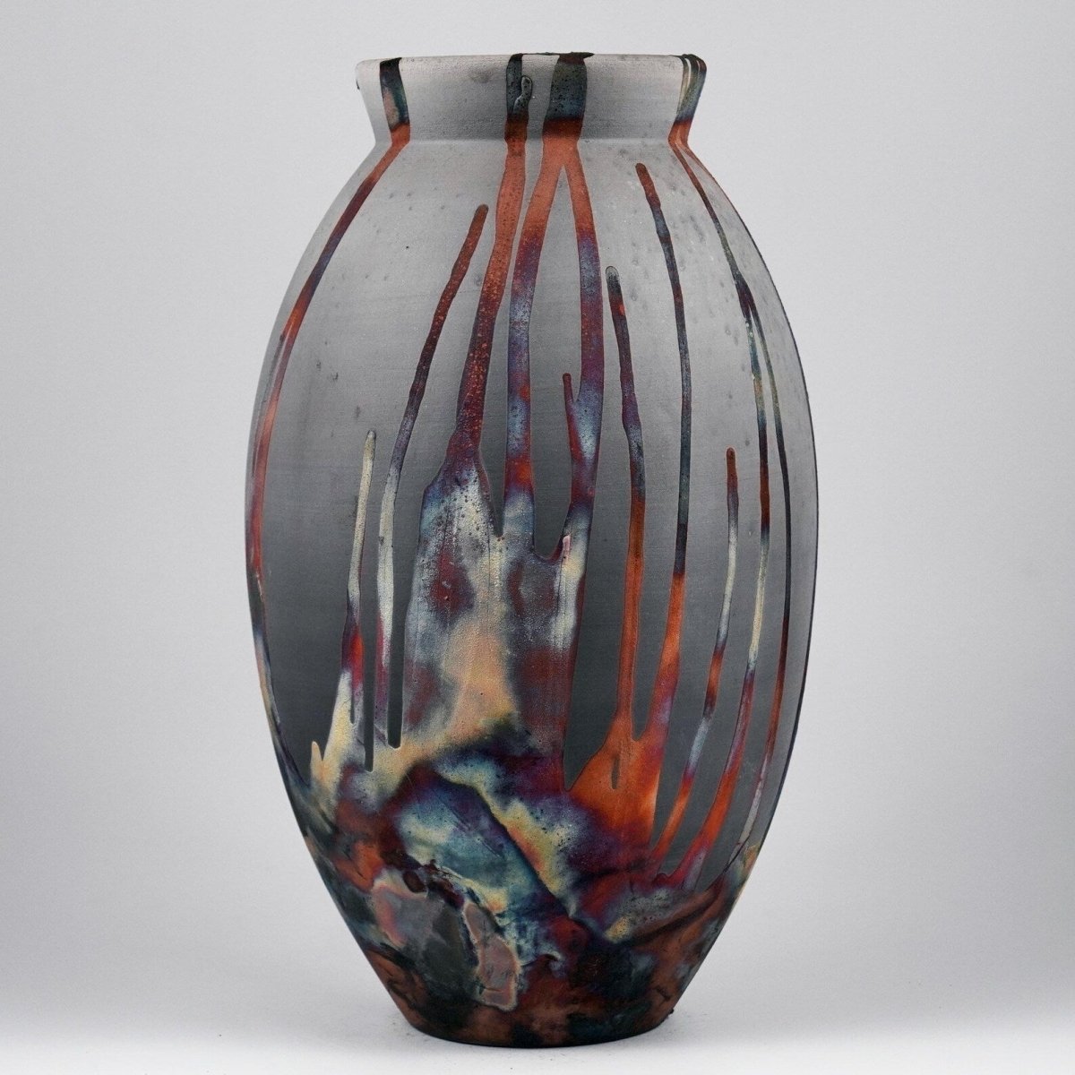 RAAQUU Large Oval Ceramic Vase Carbon Copper S/N0000904 13.5" Raku Pottery - RAAQUU