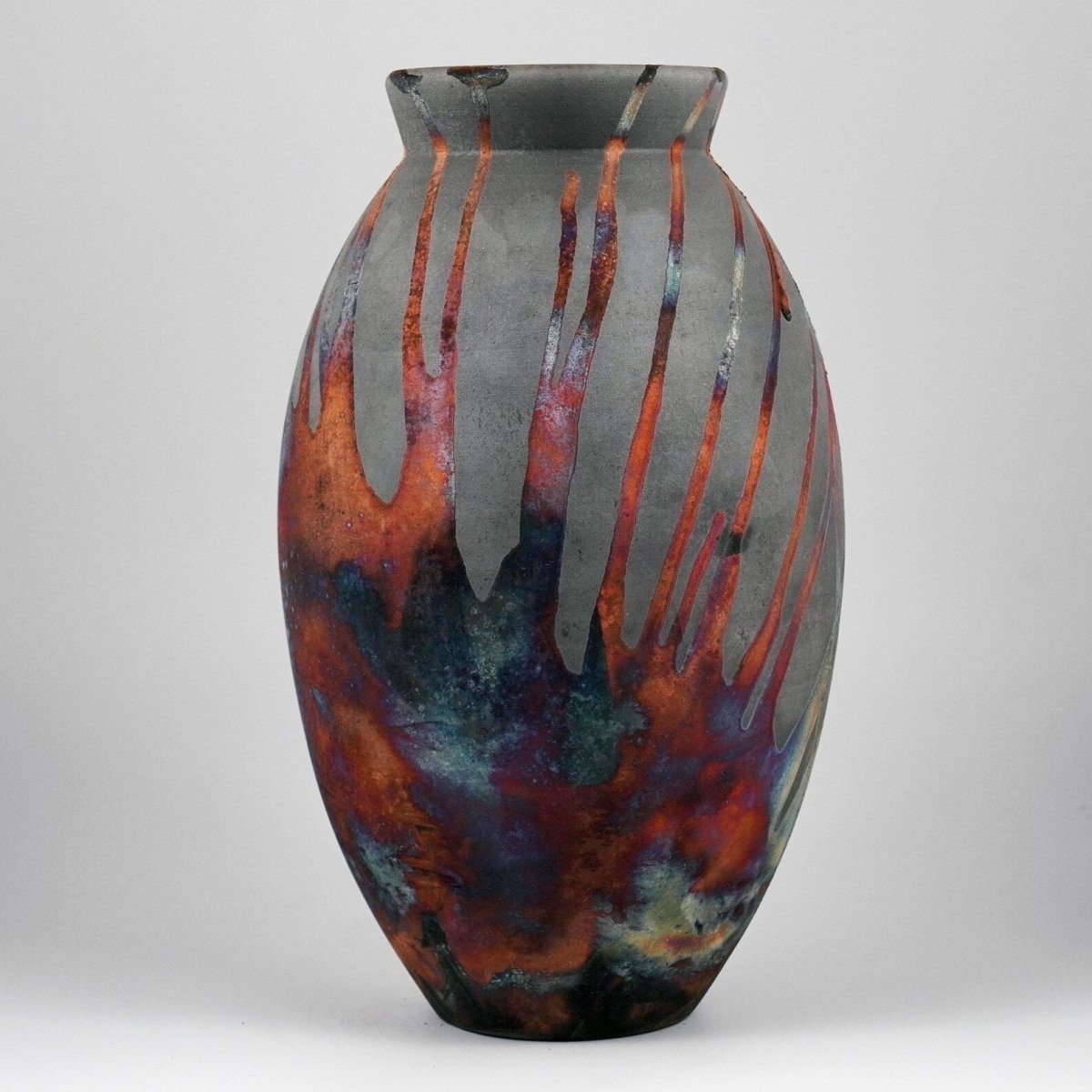 RAAQUU Large Oval Ceramic Vase Carbon Copper S/N0000914 13.5" Raku Pottery - RAAQUU