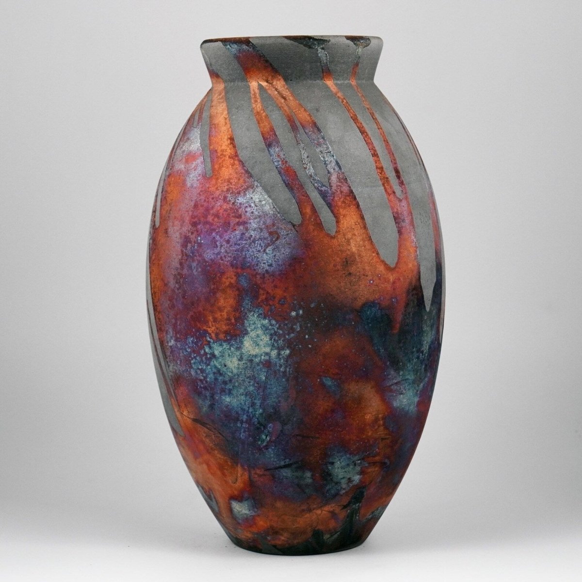 RAAQUU Large Oval Ceramic Vase Carbon Copper S/N0000914 13.5" Raku Pottery - RAAQUU
