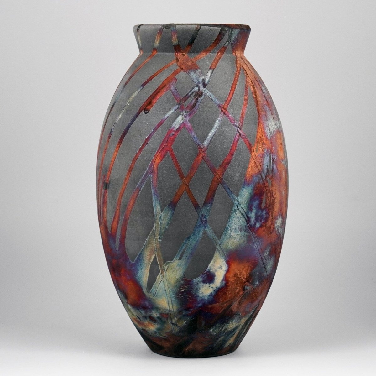 RAAQUU Large Oval Ceramic Vase Carbon Copper S/N0000914 13.5" Raku Pottery - RAAQUU