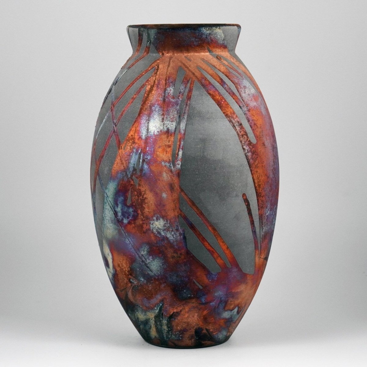 RAAQUU Large Oval Ceramic Vase Carbon Copper S/N0000914 13.5" Raku Pottery - RAAQUU