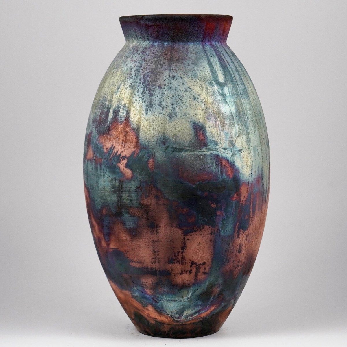 RAAQUU Large Oval Ceramic Vase Full Copper Matte S/N0000975 13.5" Raku Pottery - RAAQUU