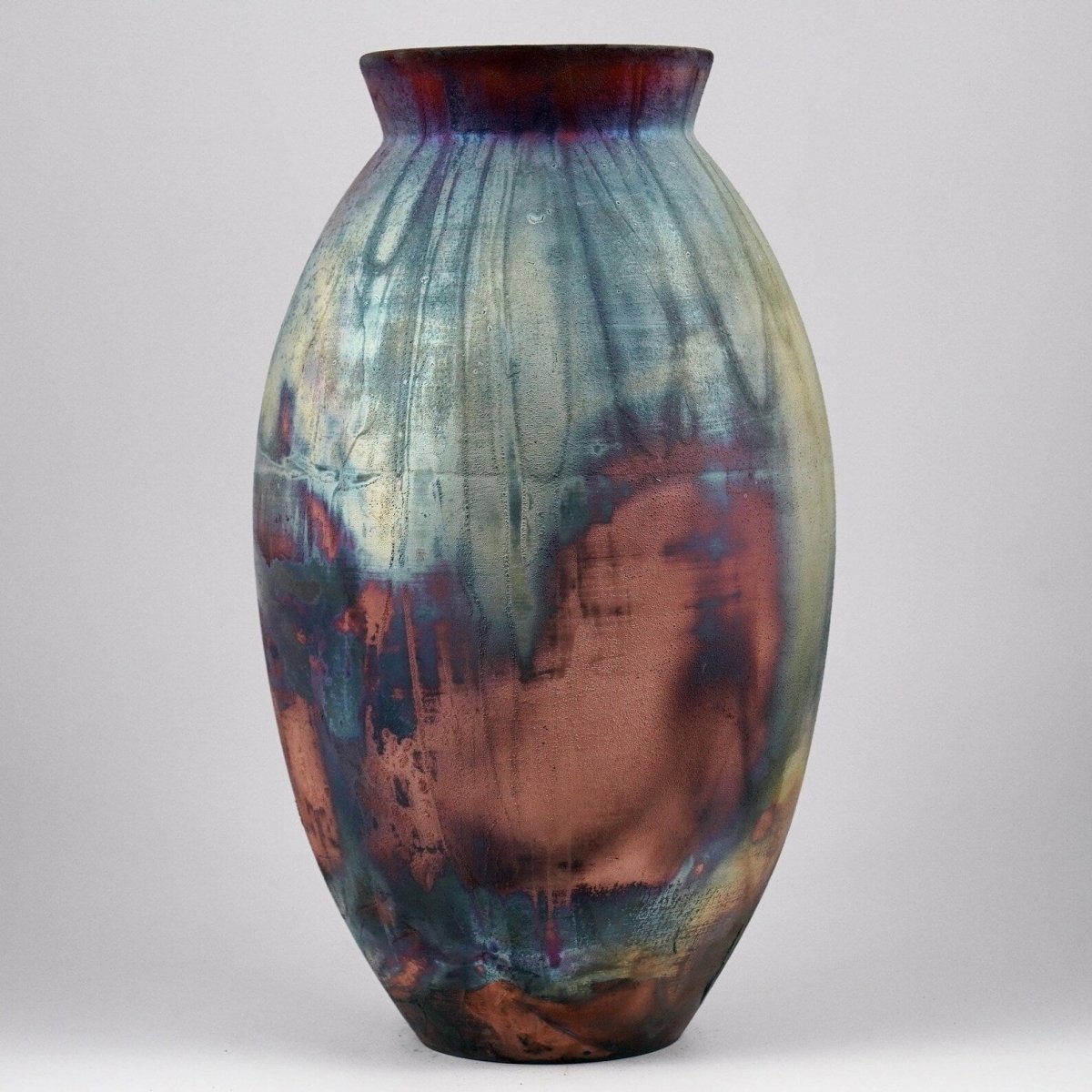 RAAQUU Large Oval Ceramic Vase Full Copper Matte S/N0000975 13.5" Raku Pottery - RAAQUU