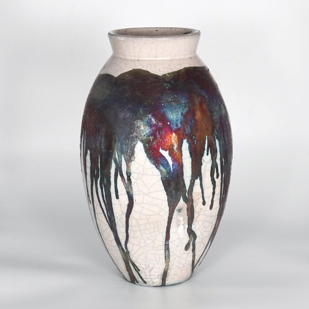 RAAQUU Large Oval Ceramic Vase Half Copper Matte S/N0000186 13.5" Raku Pottery Unique Handmade ceramic pottery raku vases, urns, and home decor, sculptures, wall decor, gifts by Adil Ghani