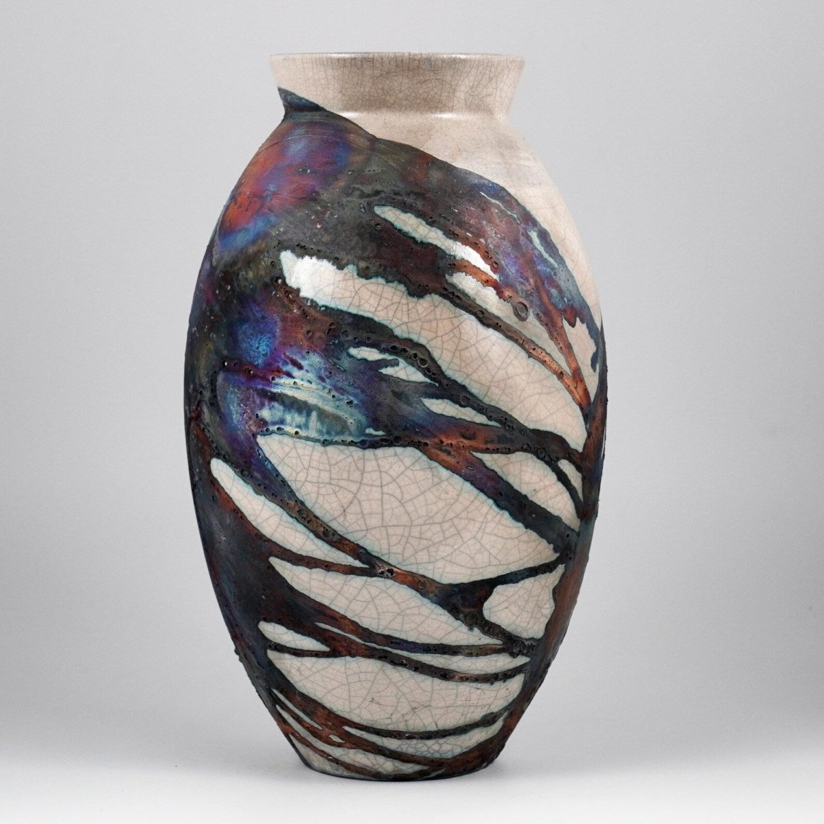RAAQUU Large Oval Ceramic Vase Half Copper Matte S/N0000956 13.5" Raku Pottery - RAAQUU