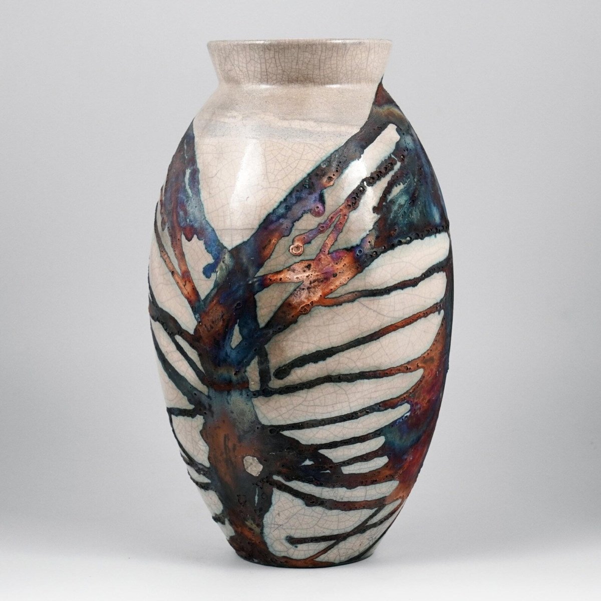 RAAQUU Large Oval Ceramic Vase Half Copper Matte S/N0000956 13.5" Raku Pottery - RAAQUU
