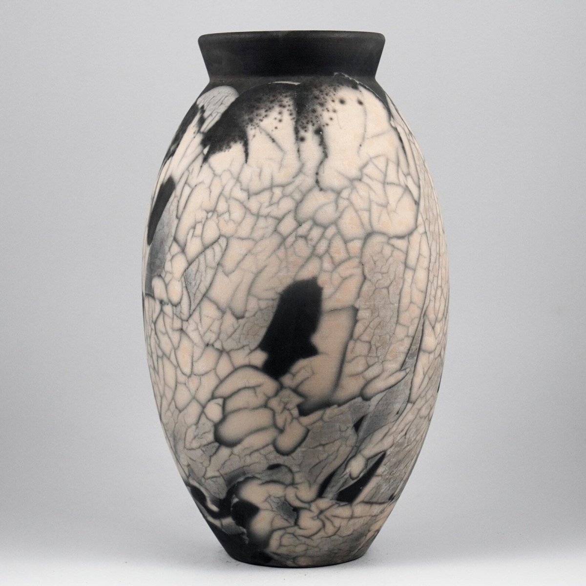 RAAQUU Large Oval Ceramic Vase Smoked Raku S/N0000596 13.5" Raku Pottery - RAAQUU
