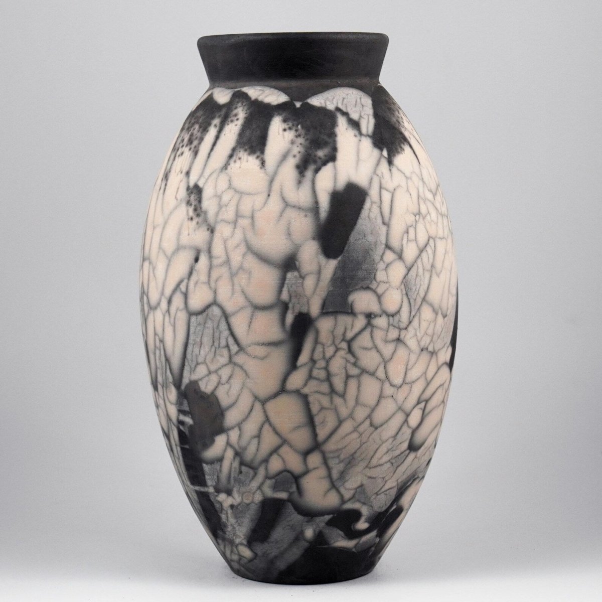RAAQUU Large Oval Ceramic Vase Smoked Raku S/N0000596 13.5" Raku Pottery - RAAQUU
