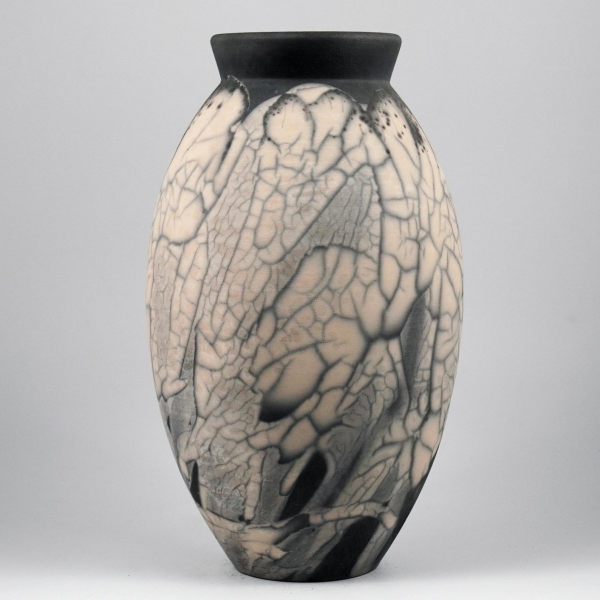 RAAQUU Large Oval Ceramic Vase Smoked Raku S/N0000596 13.5" Raku Pottery - RAAQUU