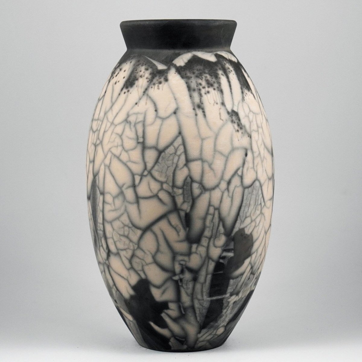RAAQUU Large Oval Ceramic Vase Smoked Raku S/N0000596 13.5" Raku Pottery - RAAQUU