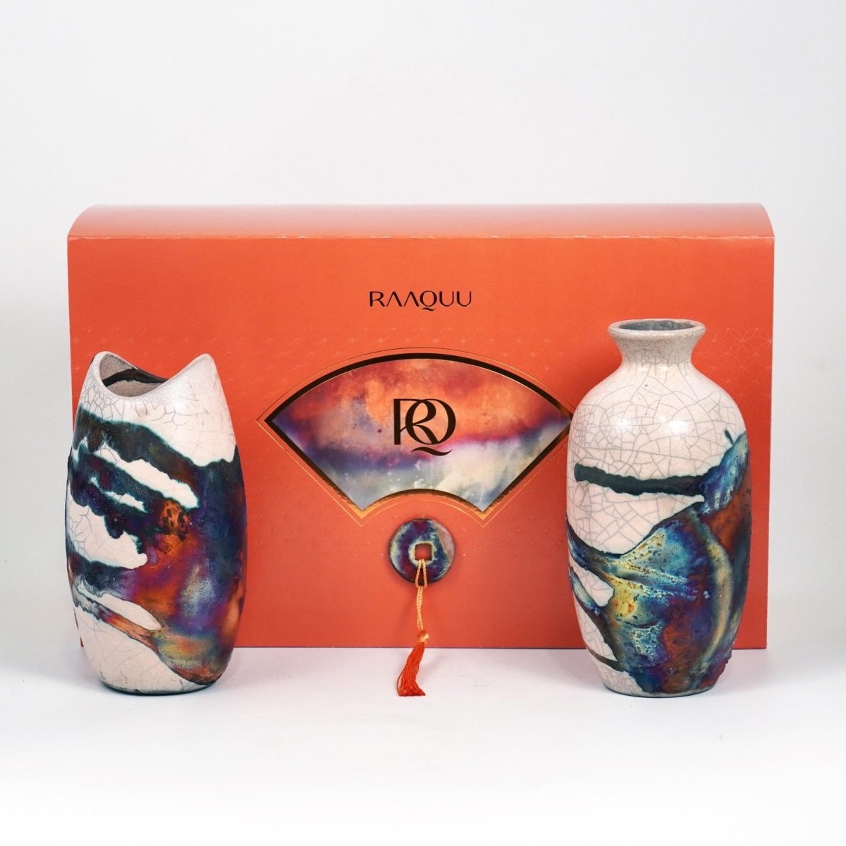 Raku Pottery 2 Vase Premium Gift Box - with handwritten custom note - handmade ceramic home decor mothers day gift - RAAQUU