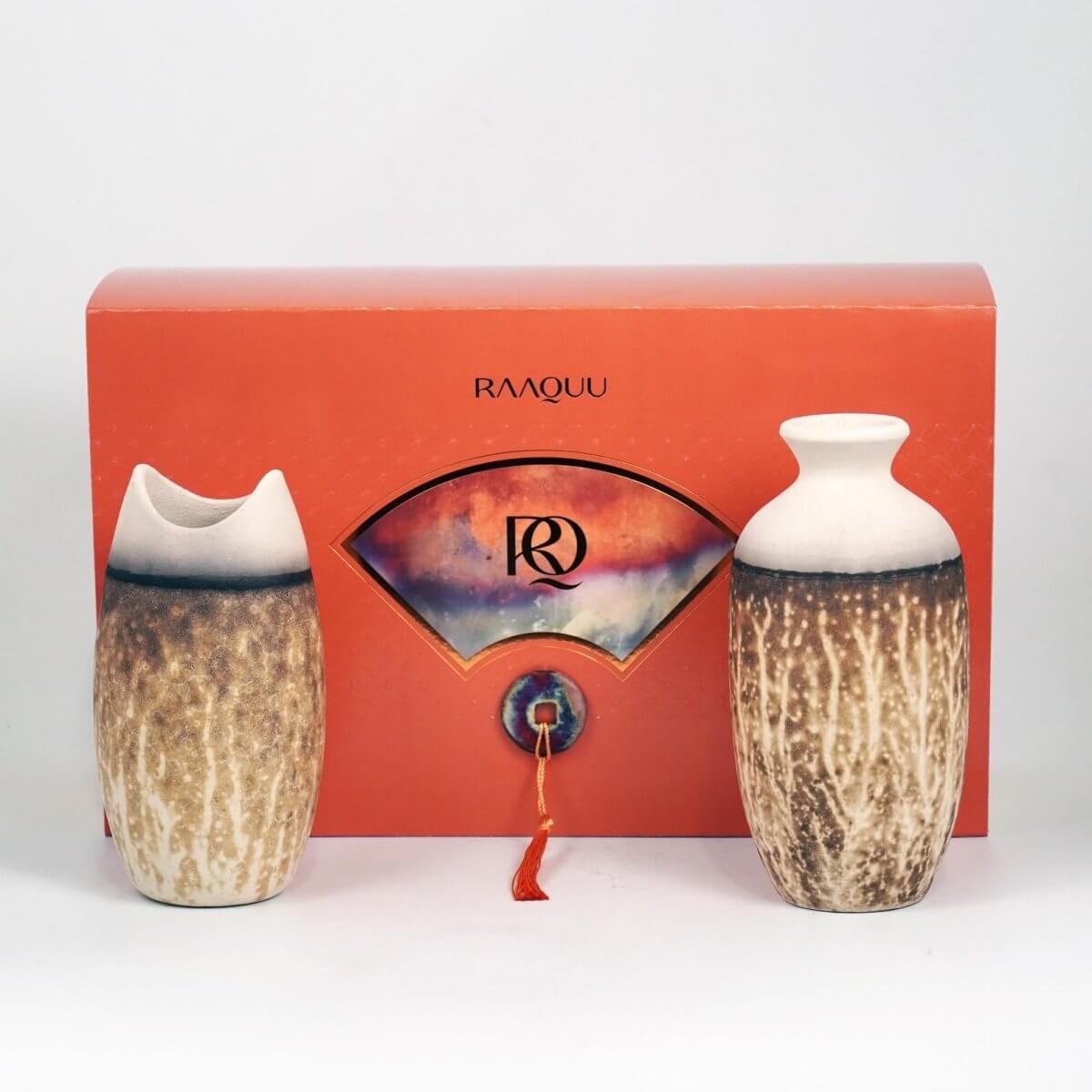 Raku Pottery 2 Vase Premium Gift Box - with handwritten custom note - handmade ceramic home decor mothers day gift - RAAQUU
