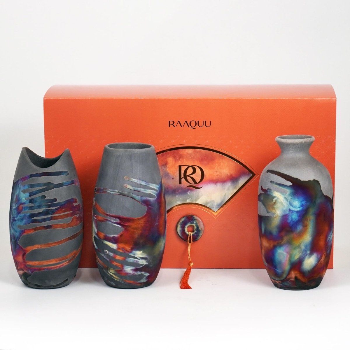 Raku Pottery 3 Vase Premium Gift Box - with handwritten custom note - handmade ceramic home decor mothers day gift - RAAQUU