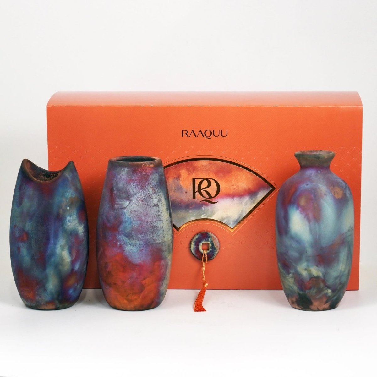 Raku Pottery 3 Vase Premium Gift Box - with handwritten custom note - handmade ceramic home decor mothers day gift - RAAQUU