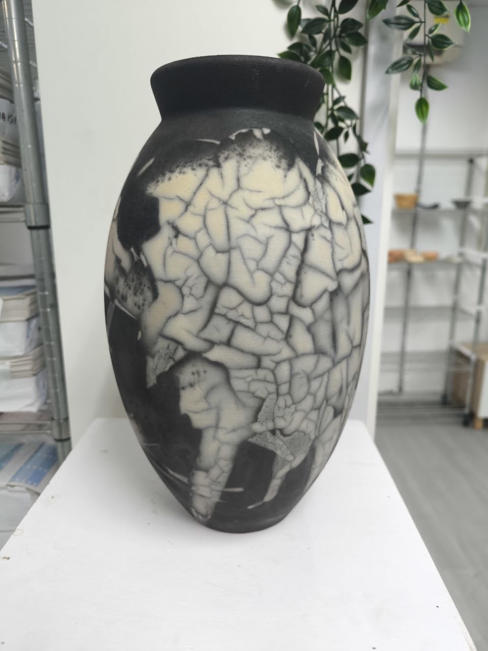 RAAQUU Large Oval Ceramic Vase Smoked Raku (Dan chosen) 13.5" Raku Pottery