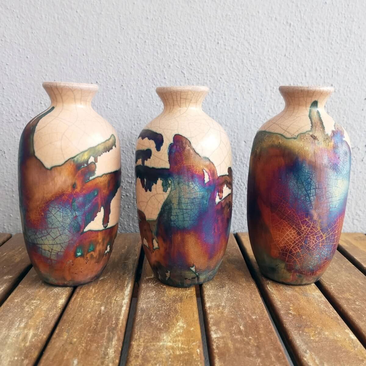 3 Pack Koban Ceramic Raku Vases with Water Tube Unique Handmade ceramic pottery raku vases, urns, and home decor, sculptures, wall decor, gifts by Adil Ghani