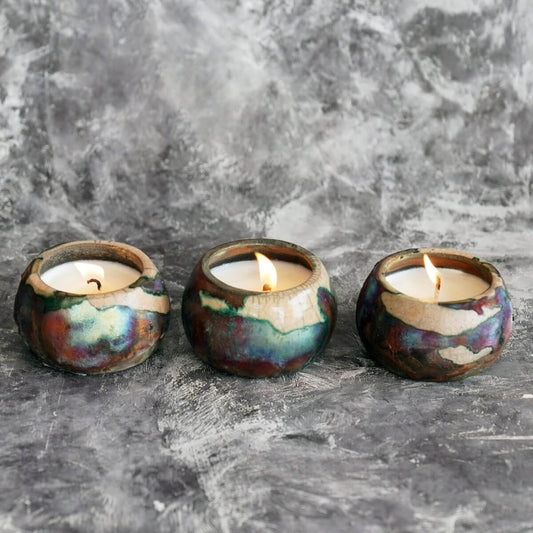 Akari Raku Pottery Refillable Set of 3 Medium Scented Soy Wax Candles Unique Handmade ceramic pottery raku vases, urns, and home decor, sculptures, wall decor, gifts by Adil Ghani