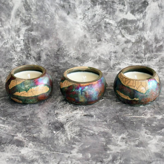 Akari Raku Refillable Set of 3 Small Scented Soy Wax Candles Unique Handmade ceramic pottery raku vases, urns, and home decor, sculptures, wall decor, gifts by Adil Ghani