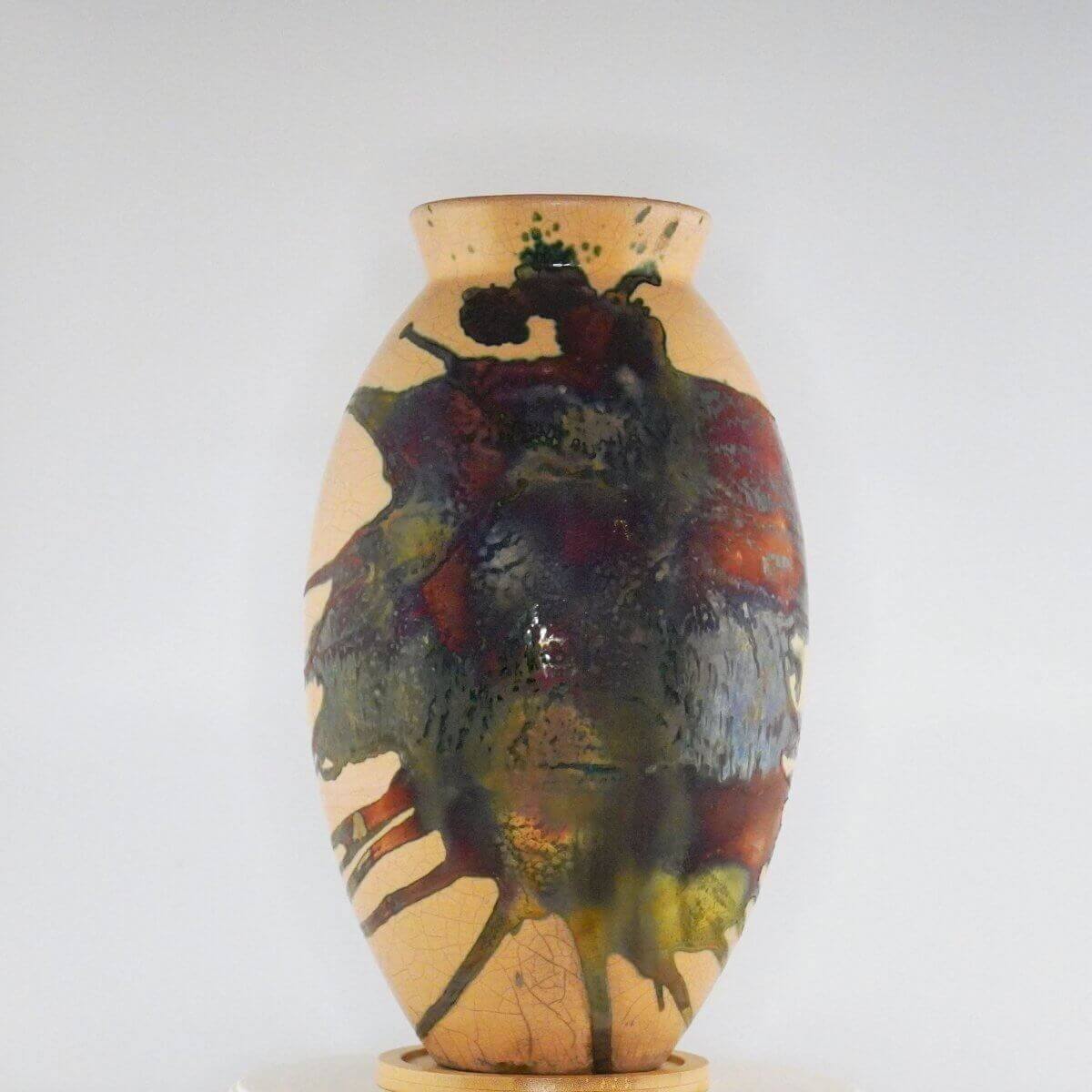Raku pottery vase ceramic home decor RAAQUU Large Oval Ceramic Vase Half Copper Matte S/N0000311 12.5" Raku Pottery